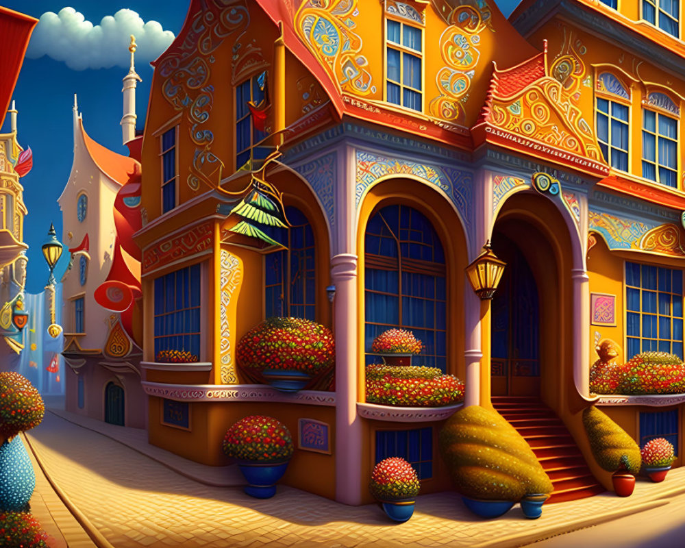 Vibrant Fairy-Tale Street with Colorful Buildings and Flowers