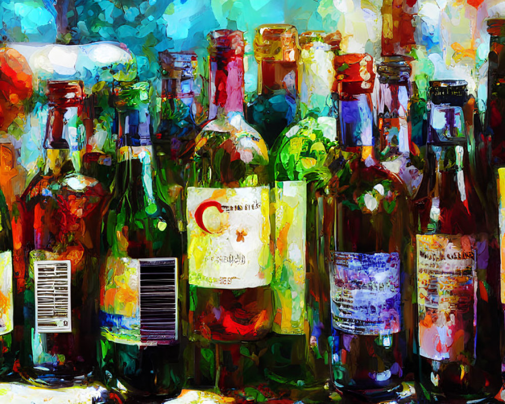 Colorful Impressionistic Painting of Liquor Bottles on Abstract Background