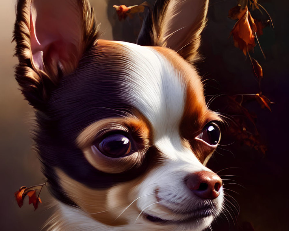 Detailed Chihuahua Artwork with Glossy Eyes and Autumn Leaves