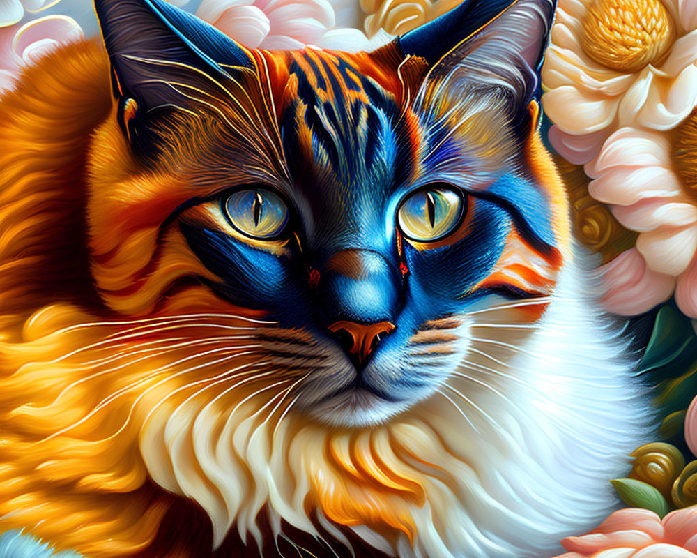 Detailed Multicolored Cat Painting with Blue Eyes & Flowers