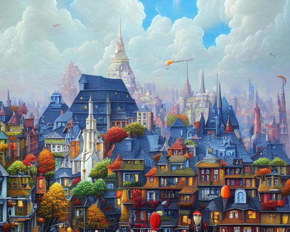 Colorful Cityscape with Autumn Trees and Flying Contraptions