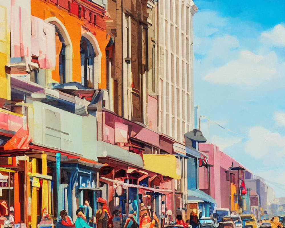 Vibrant painting of colorful city street with pedestrians, shops, and vehicles