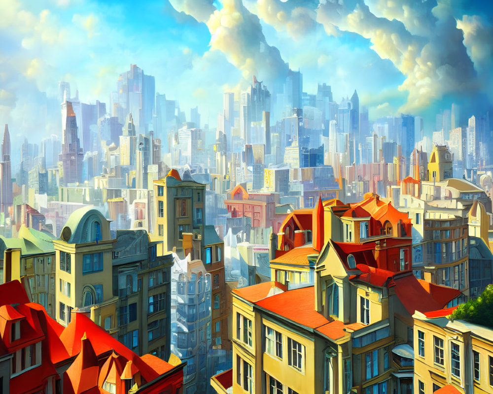 Colorful cityscape with diverse architecture under sunlight and blue sky