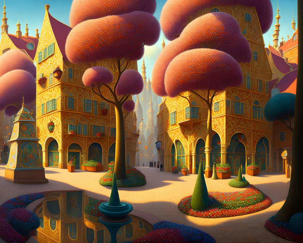 Colorful whimsical townscape with stylized trees and ornate buildings