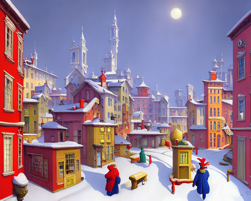 Whimsical snow-covered town with vibrant buildings and cartoonish characters