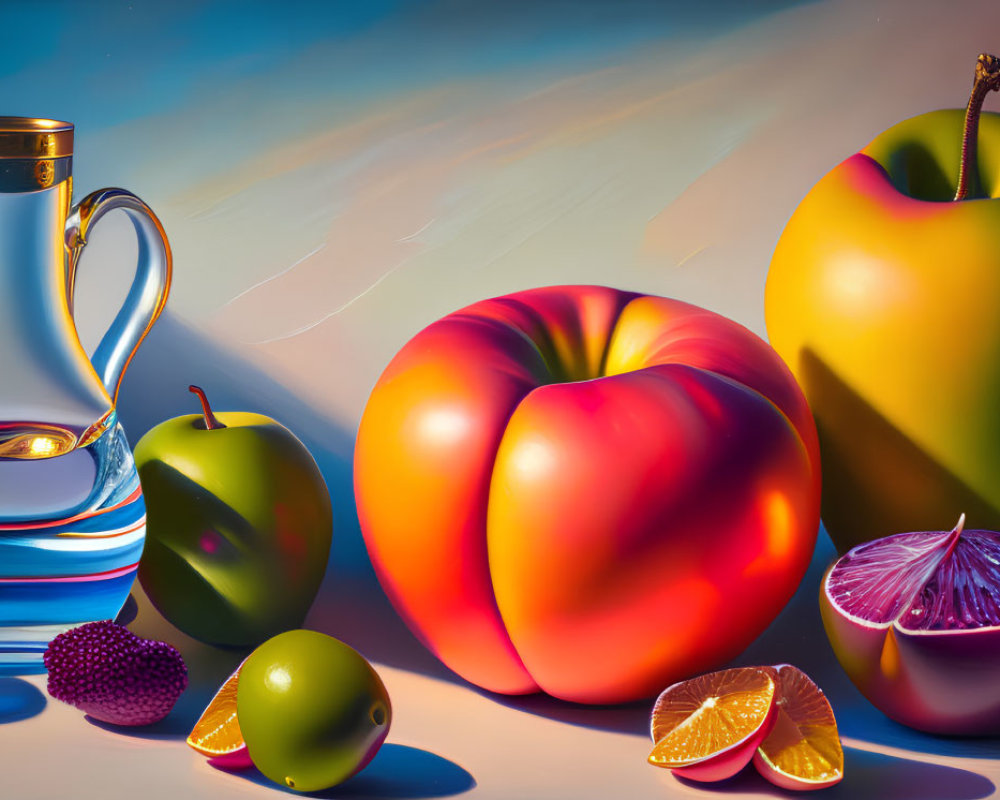 Vibrant still life painting with glass decanter, fruits, and detailed reflections