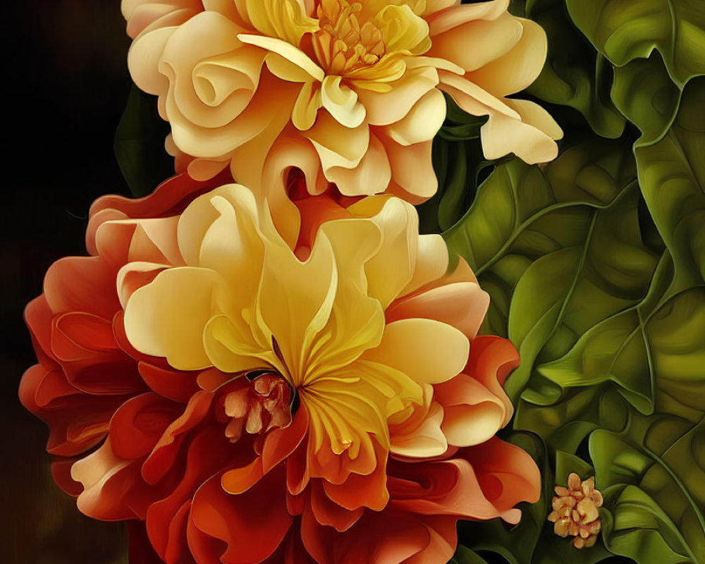 Digital painting featuring layered yellow and red flowers on dark background