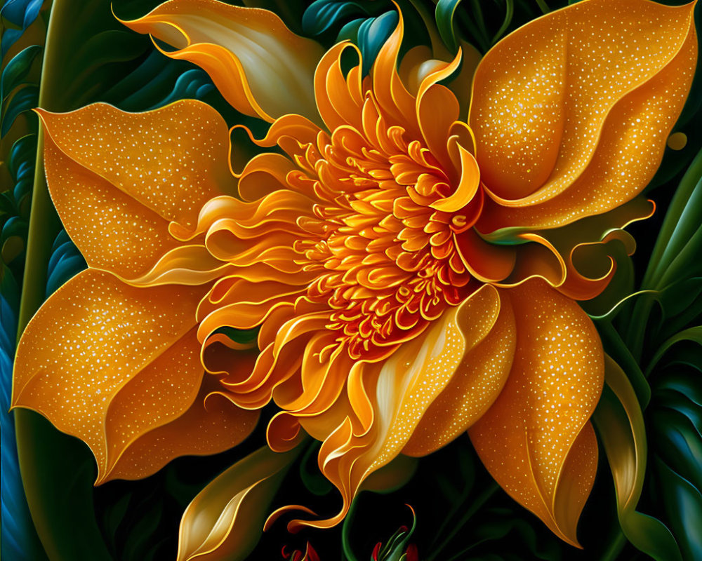 Colorful digital artwork of yellow and orange flower with intricate details on dark background