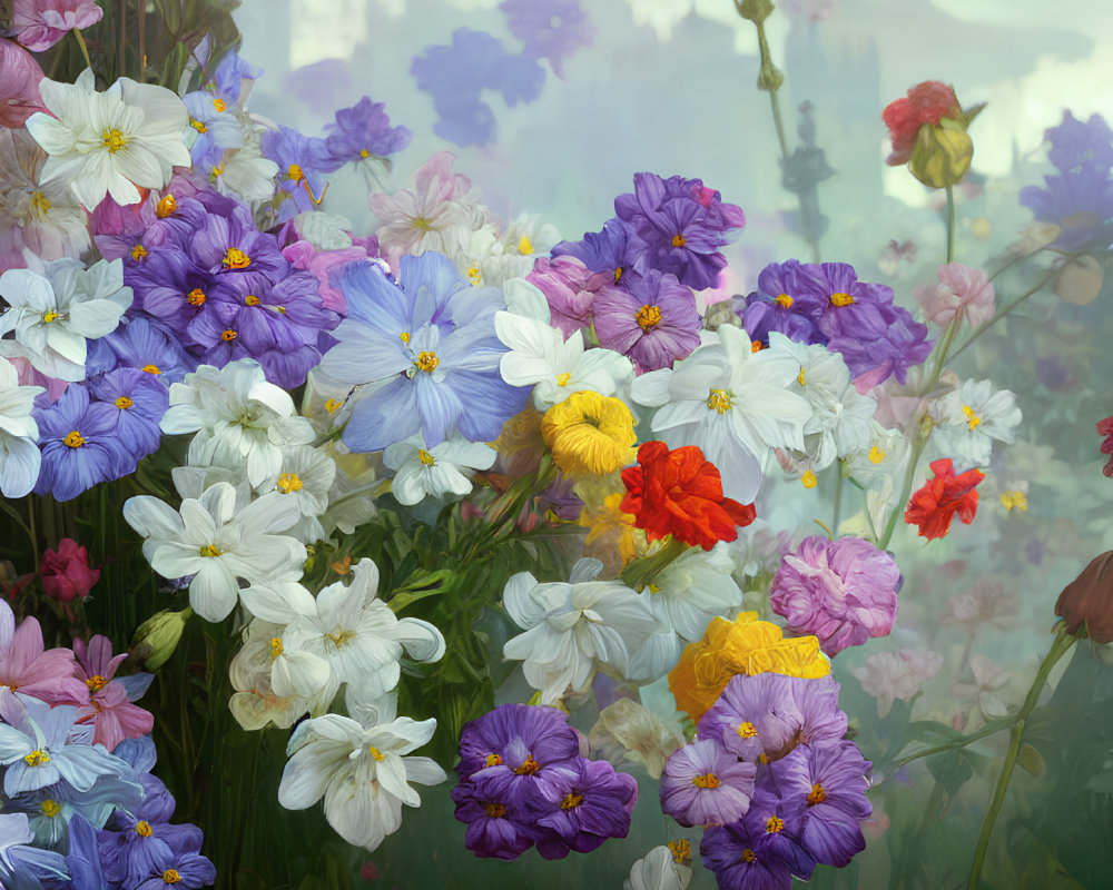 Colorful Flower Display with Blurred Castle Background