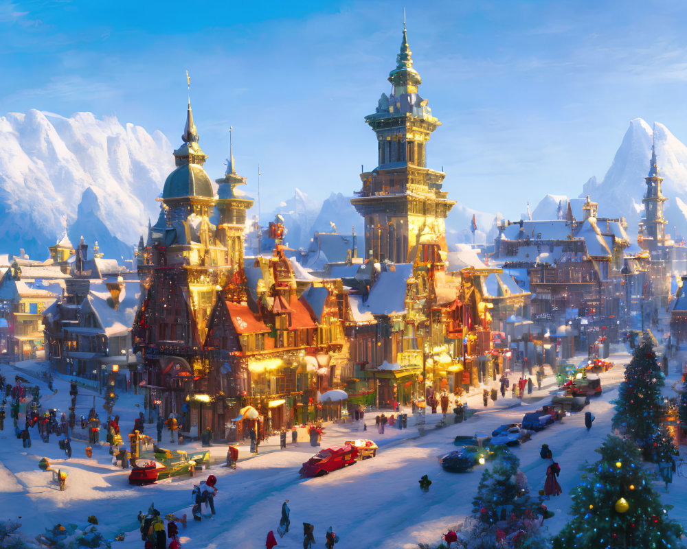 Winter town scene with snow-covered streets and festive decorations