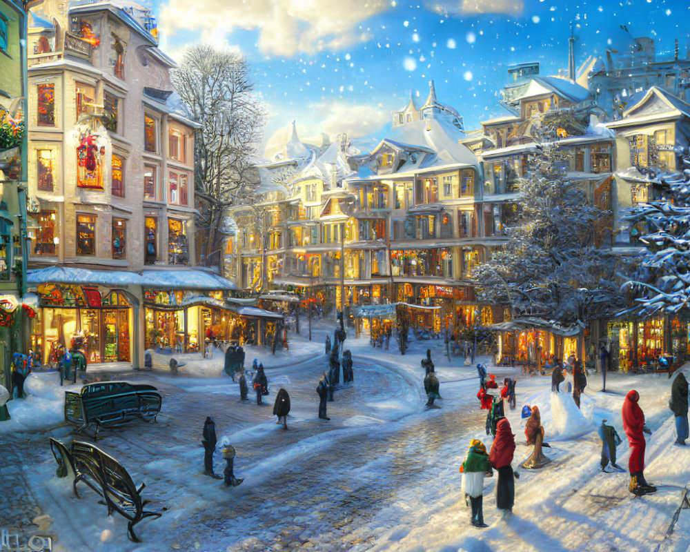 Snow-covered winter street scene at twilight with festive lights and falling snowflakes