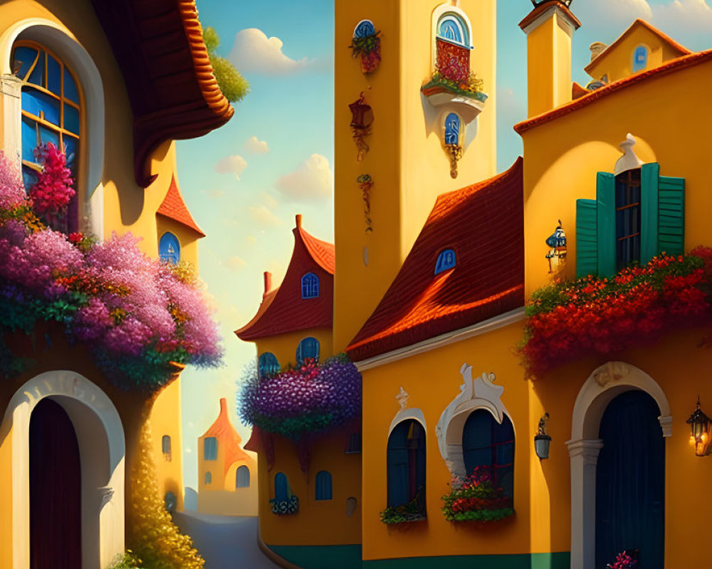 Colorful Street with Charming Architecture and Bright Flowers