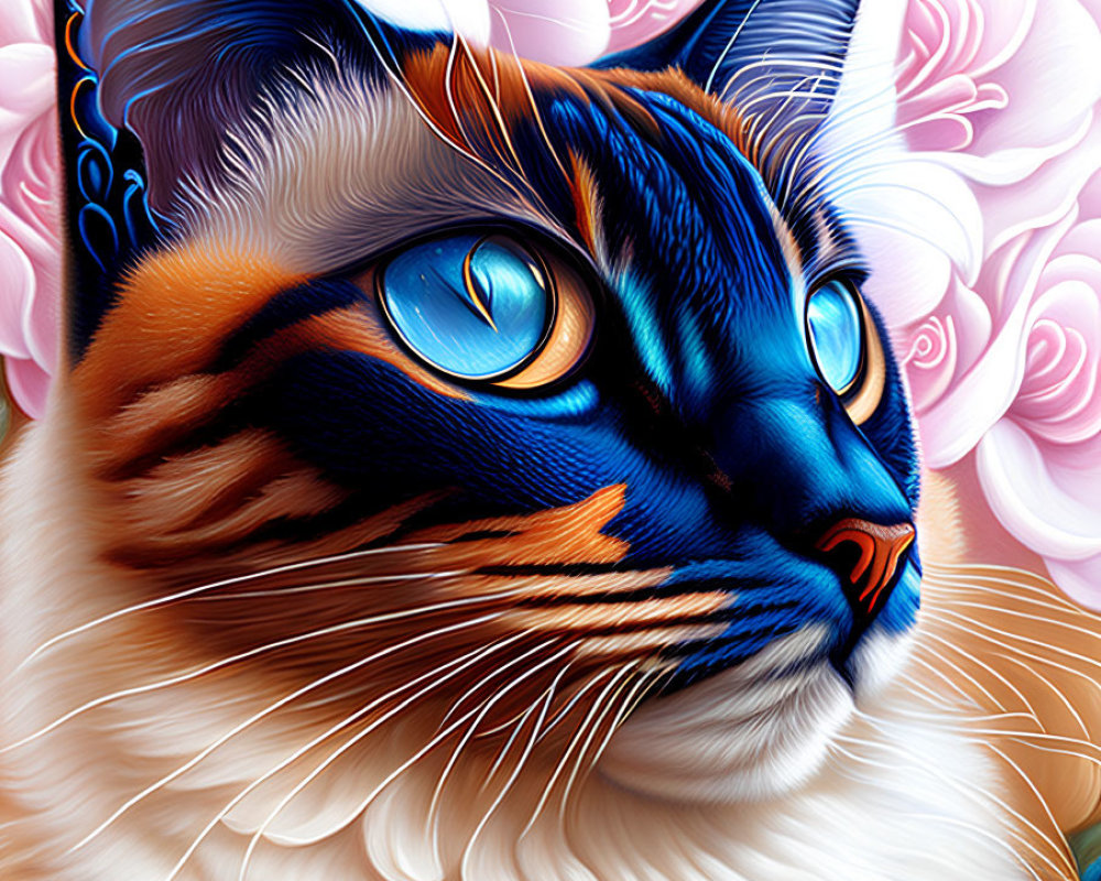 Colorful Digital Artwork: Cat with Blue Eyes and Floral Background