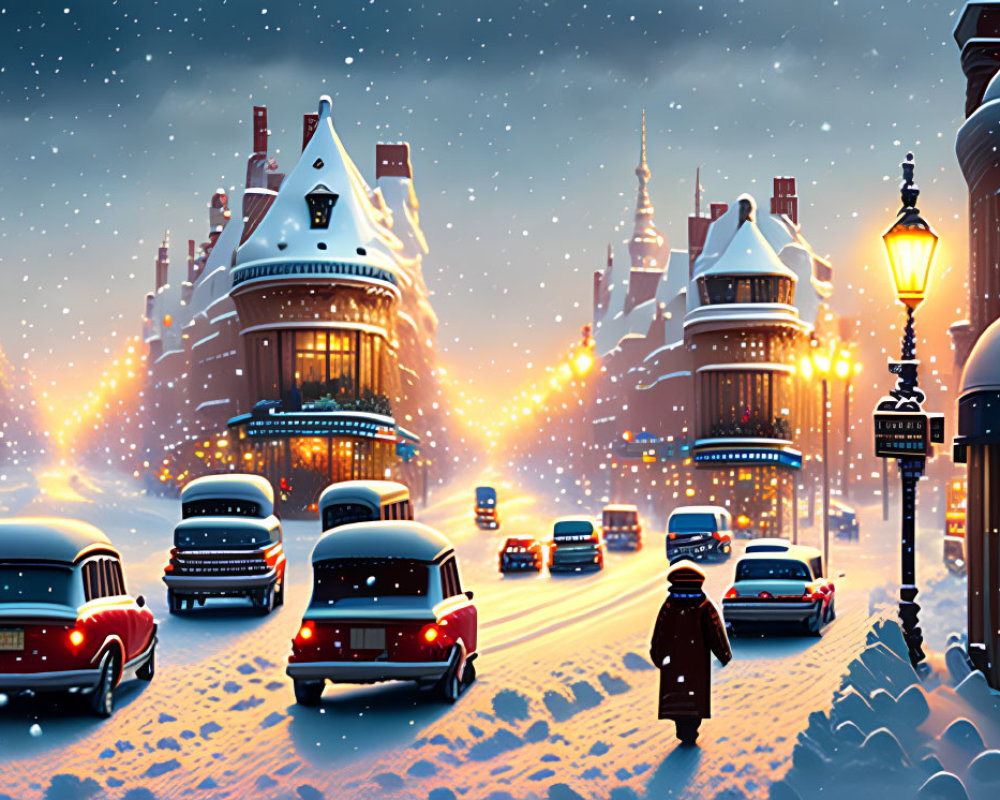 Snowy Evening Scene: Cars on Street with Lit Lamps and Charming Buildings