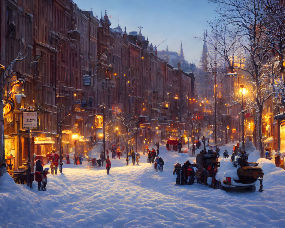 Snowy city street at night with glowing streetlights and historic buildings