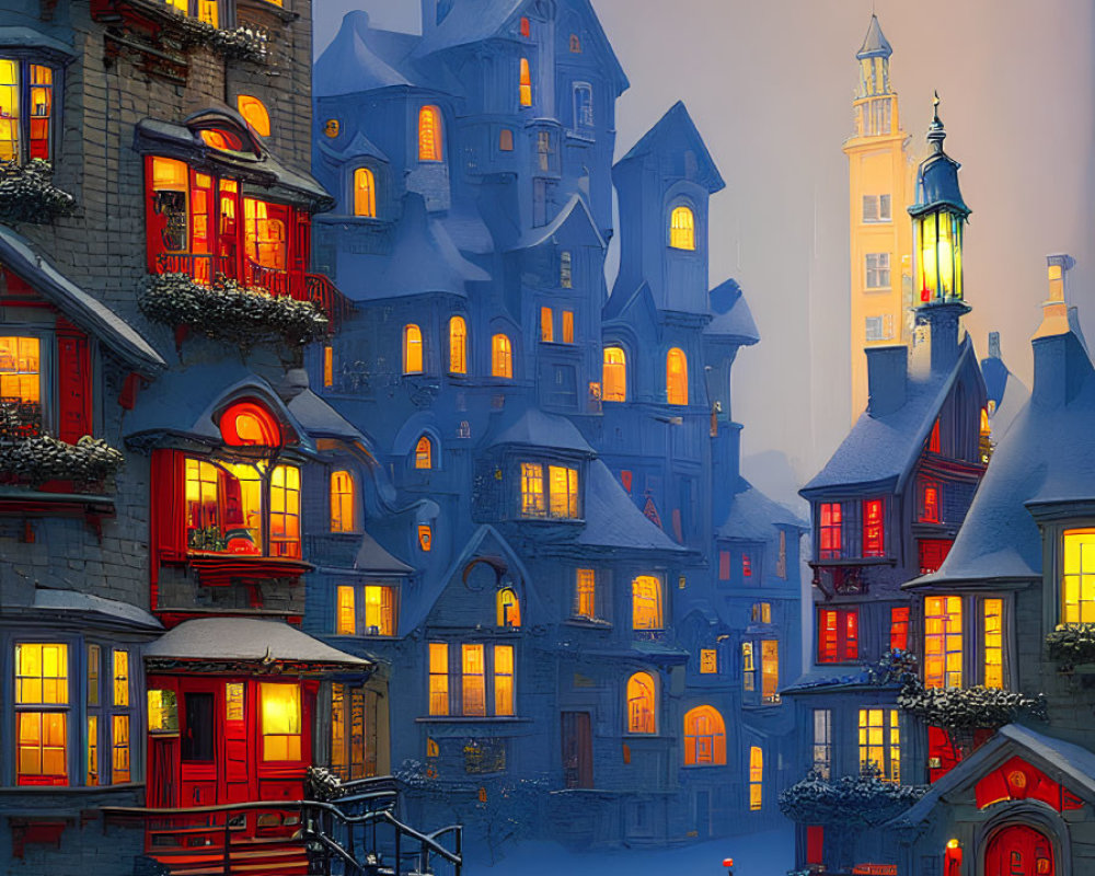 Snow-covered European-style buildings at dusk in cozy winter village ambiance