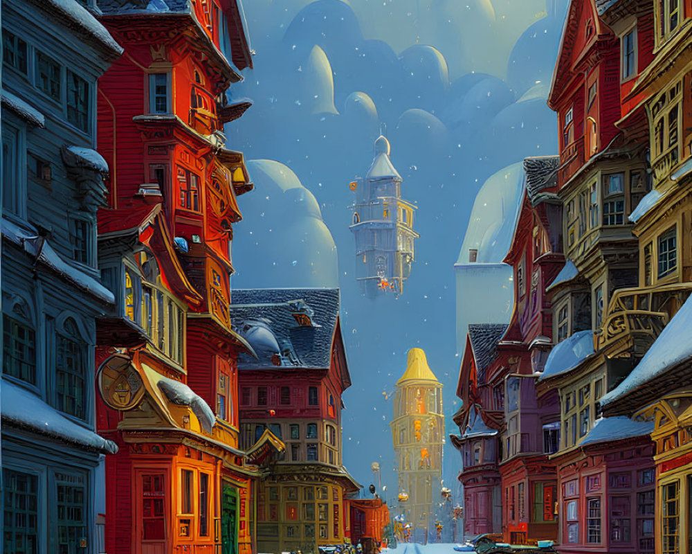 Colorful Buildings and Vintage Cars in Snowy Cityscape at Dusk