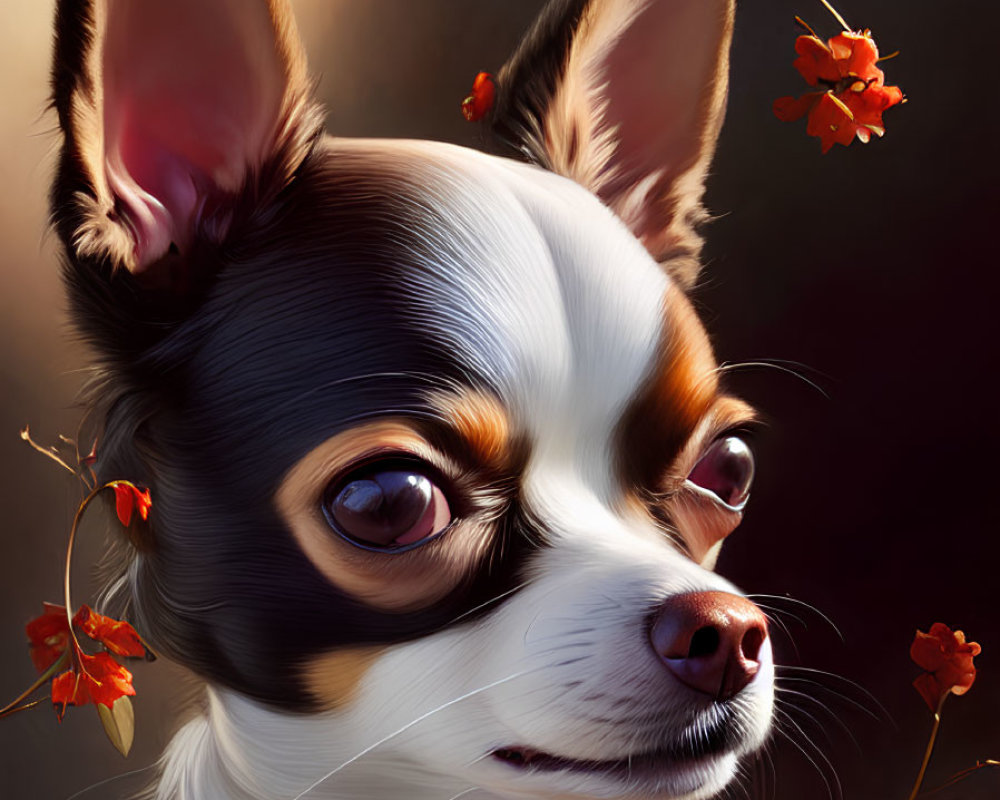 Realistic digital painting: Chihuahua with expressive eyes, red flowers, dark background