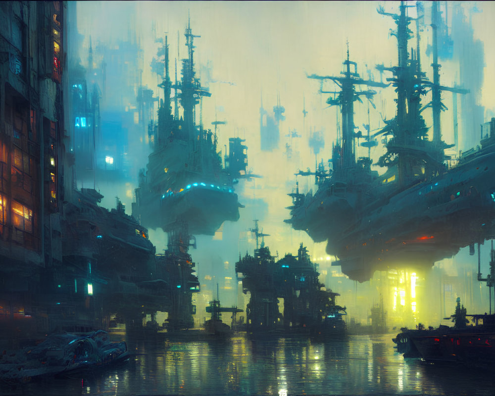 Futuristic cityscape with towering buildings and airships in misty neon-lit ambiance