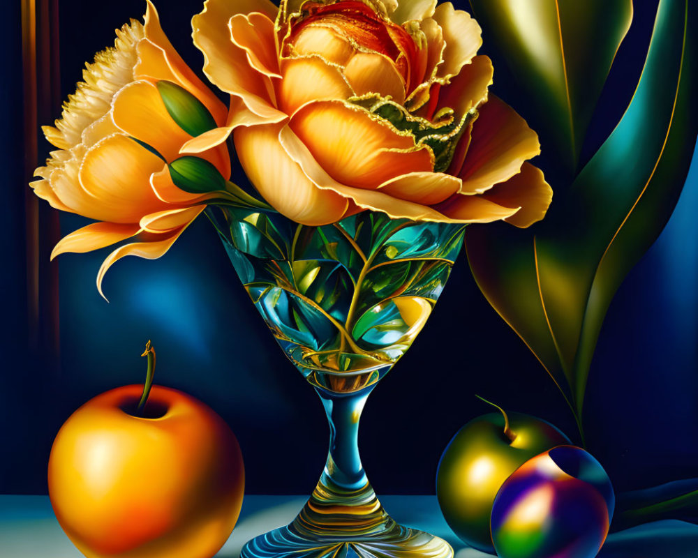 Colorful Still Life Painting with Yellow Rose, Glass Vase, Red Apple, and Rainbow-Colored