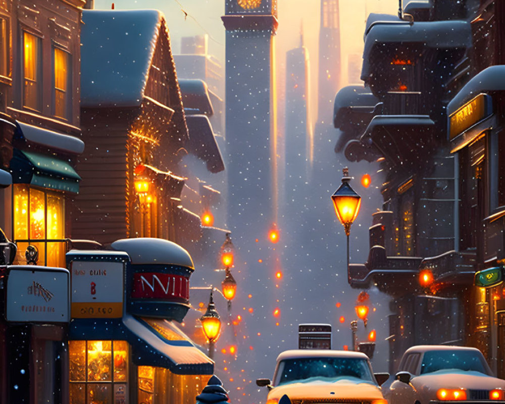 Snowy city street scene with shops, vehicles, pedestrians, and clock tower.