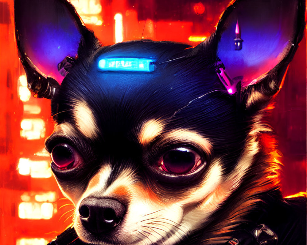 Cybernetic Chihuahua with glowing eyes in futuristic cityscape