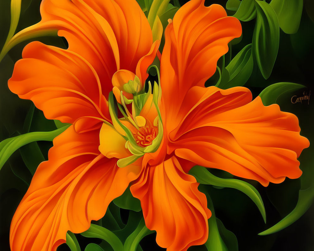 Colorful digital painting of an orange lily on dark green foliage