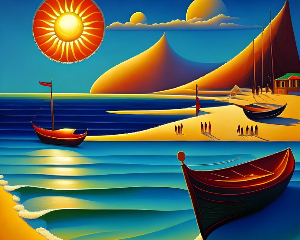 Vibrant Beach Scene with Sun, Sailboats, and Silhouettes