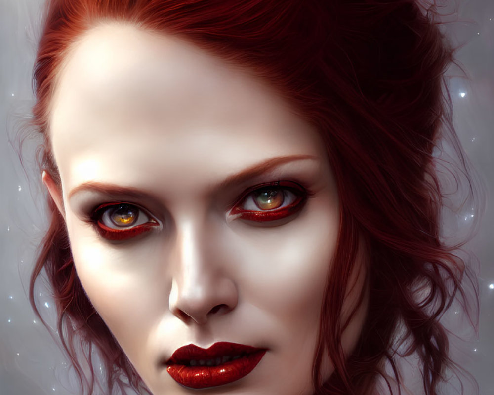 Fiery red-haired woman portrait on grey background