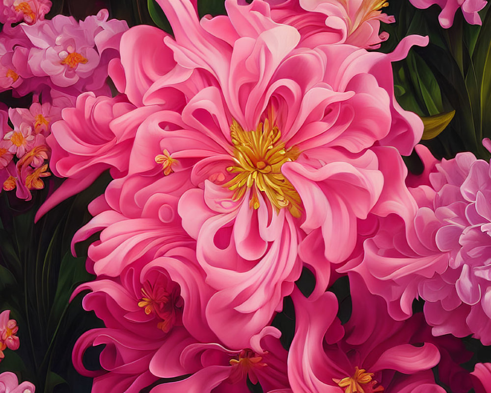 Detailed digital illustration of vibrant pink peonies with dark green leaves