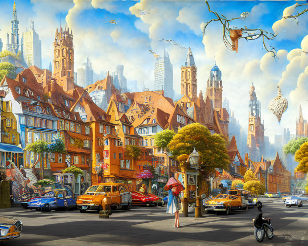 Colorful cityscape with traditional and modern architecture, vintage cars, pedestrians, cyclists, and flying machines