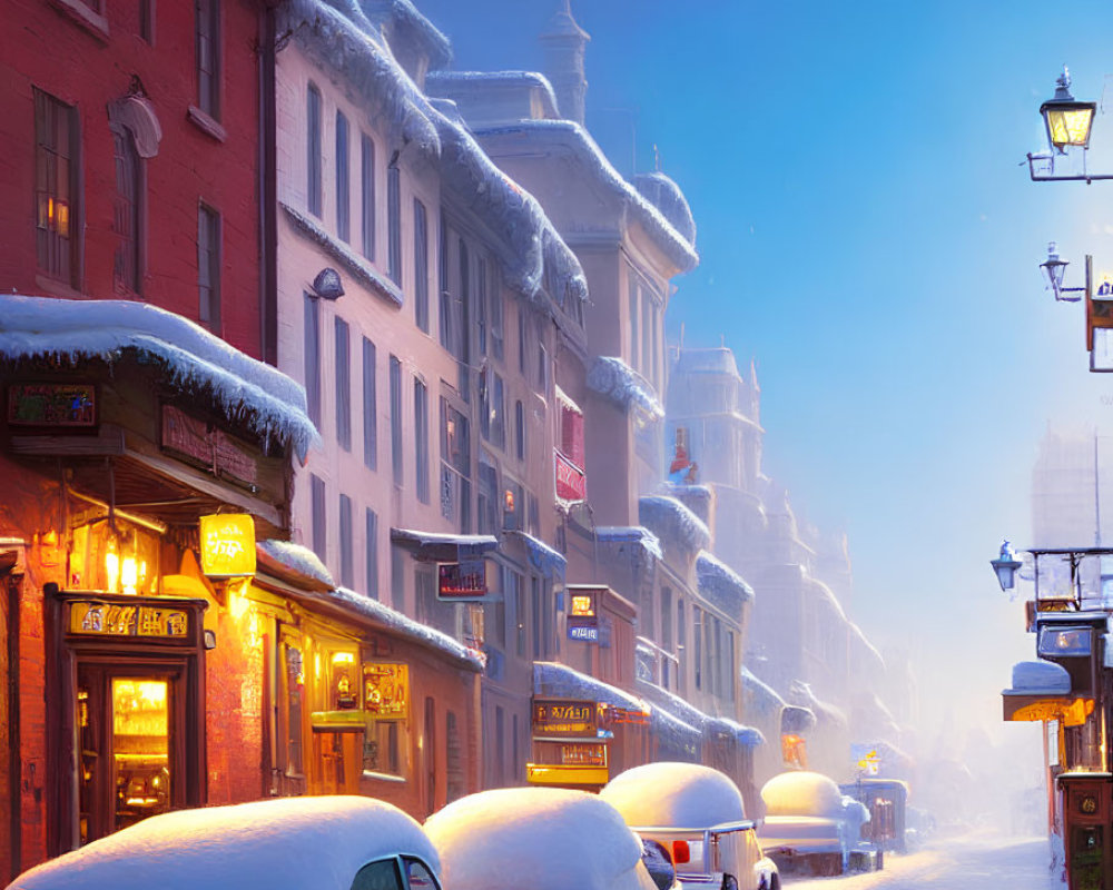 Snow-covered street at twilight with illuminated shopfronts, parked cars, vintage street lamps