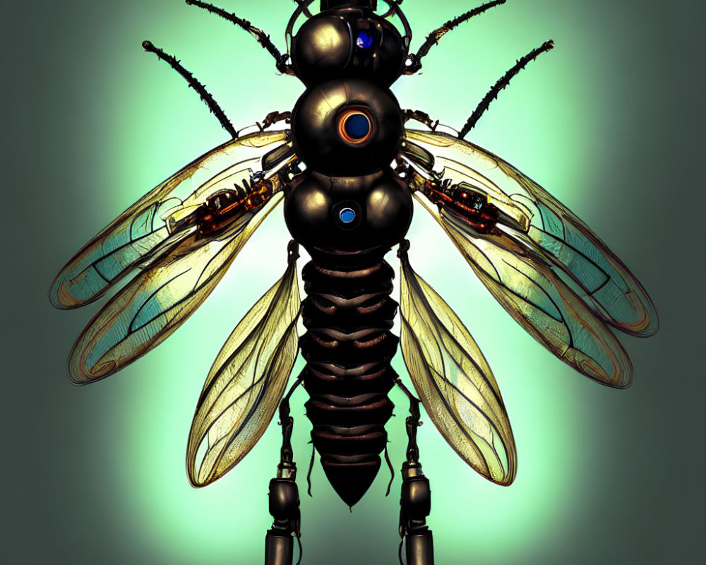 Mechanical bee digital art with intricate design and translucent wings on green background