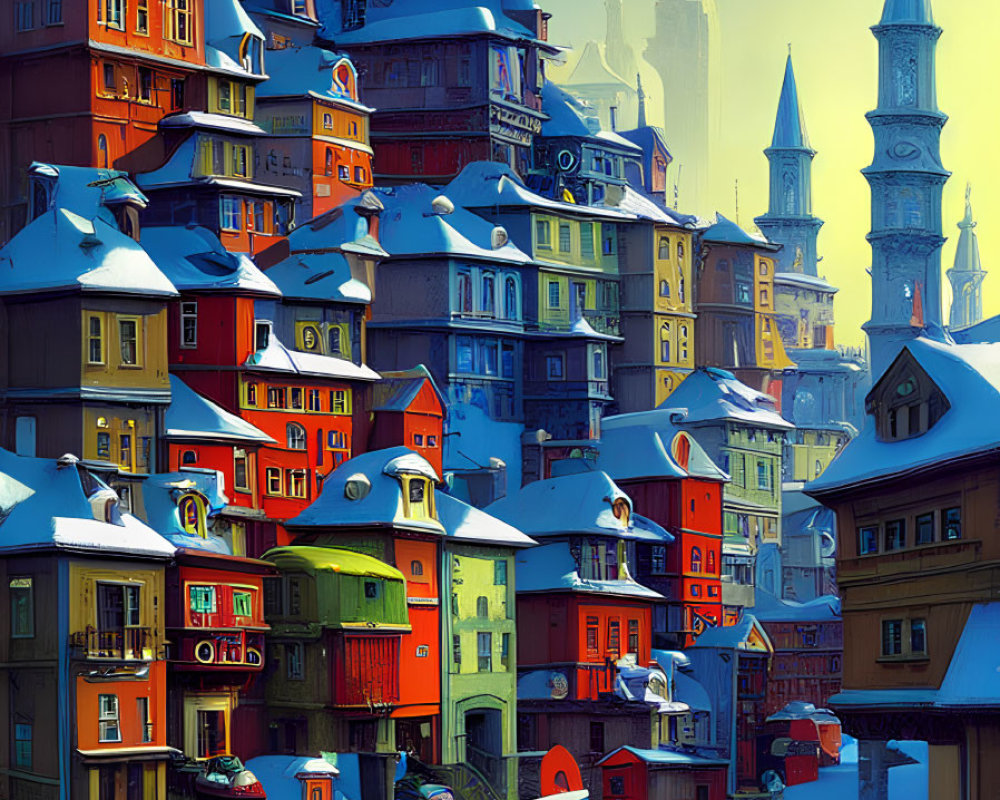 Vibrant snowy town scene with colorful stacked houses and people milling under blue sky