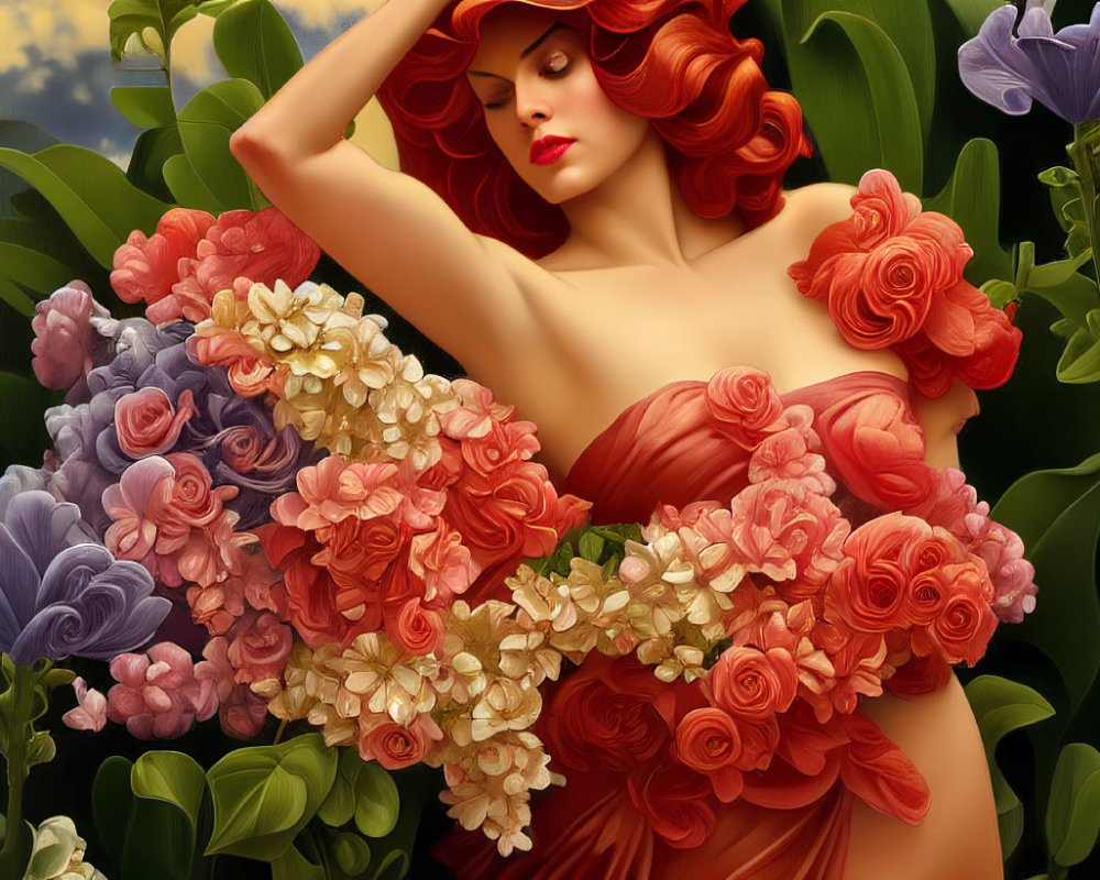 Stylized image of woman with red hair in floral dress among lush flowers and sunset sky