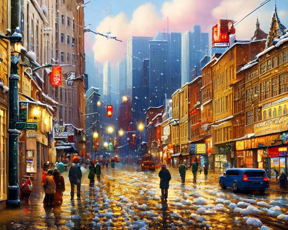 Winter twilight city street scene with snow, pedestrians, and glowing lights