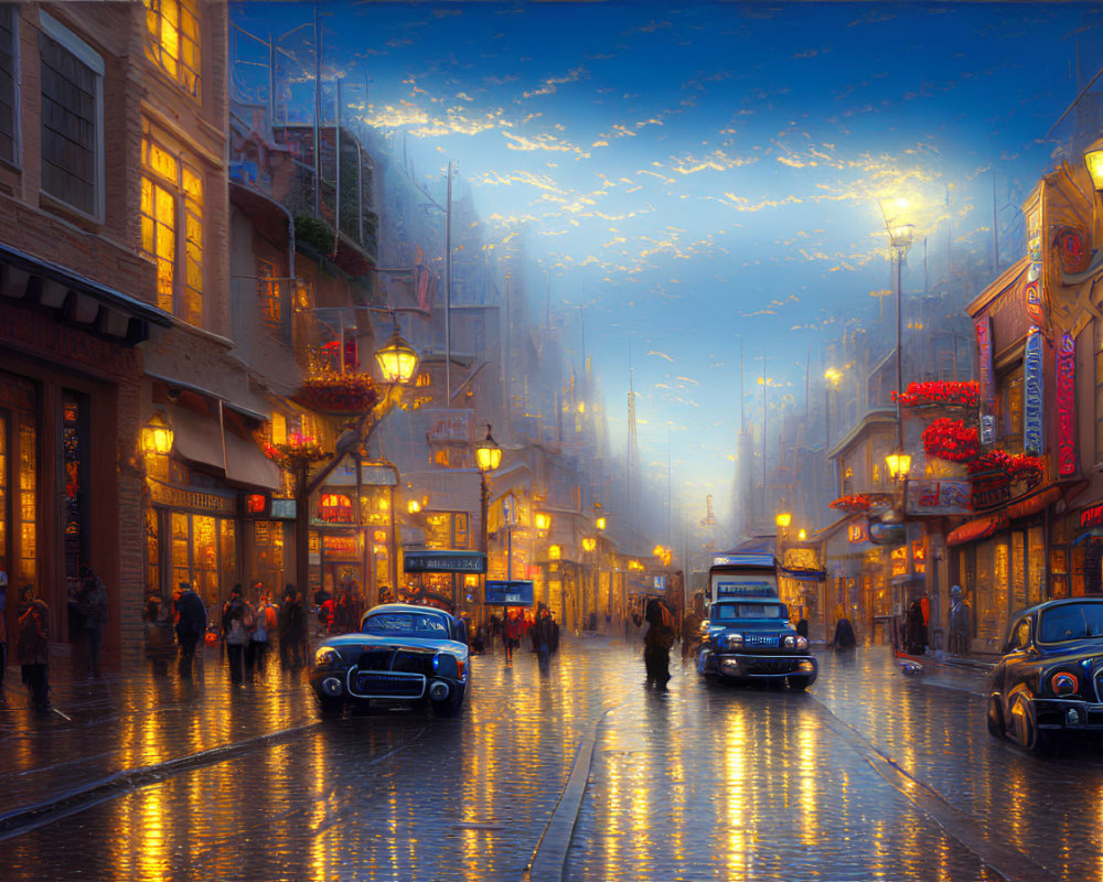 Vintage cars and bustling street scene at twilight on wet cobblestone street