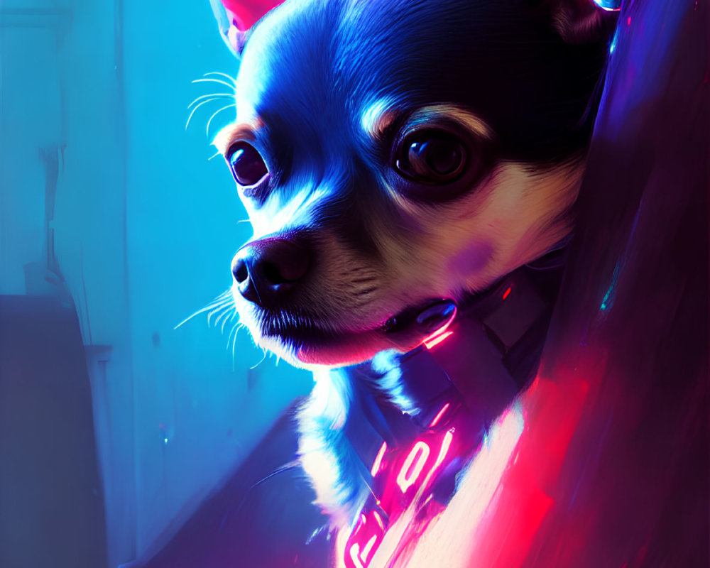 Colorful Chihuahua portrait with futuristic neon lighting.