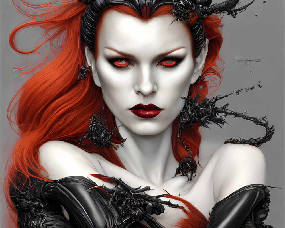 Portrait of woman with red hair, white skin, and red eyes in gothic attire and crown