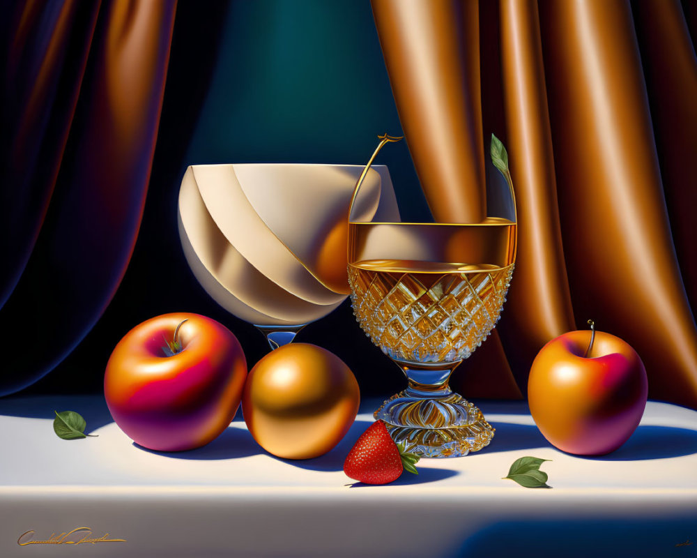 Classic still life painting with apples, strawberry, glass, cherry, and bowl on table