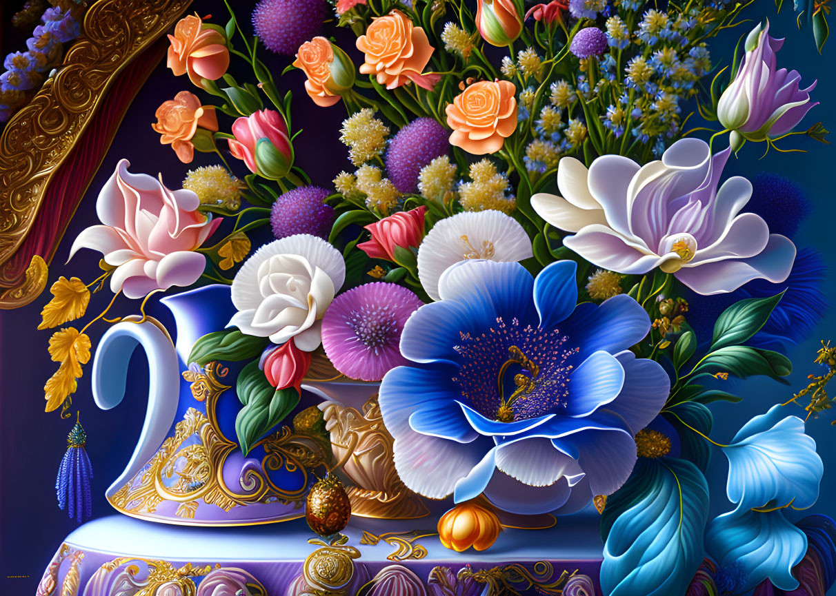 Colorful Flower Bouquet in Ornate Vase on Dark Background