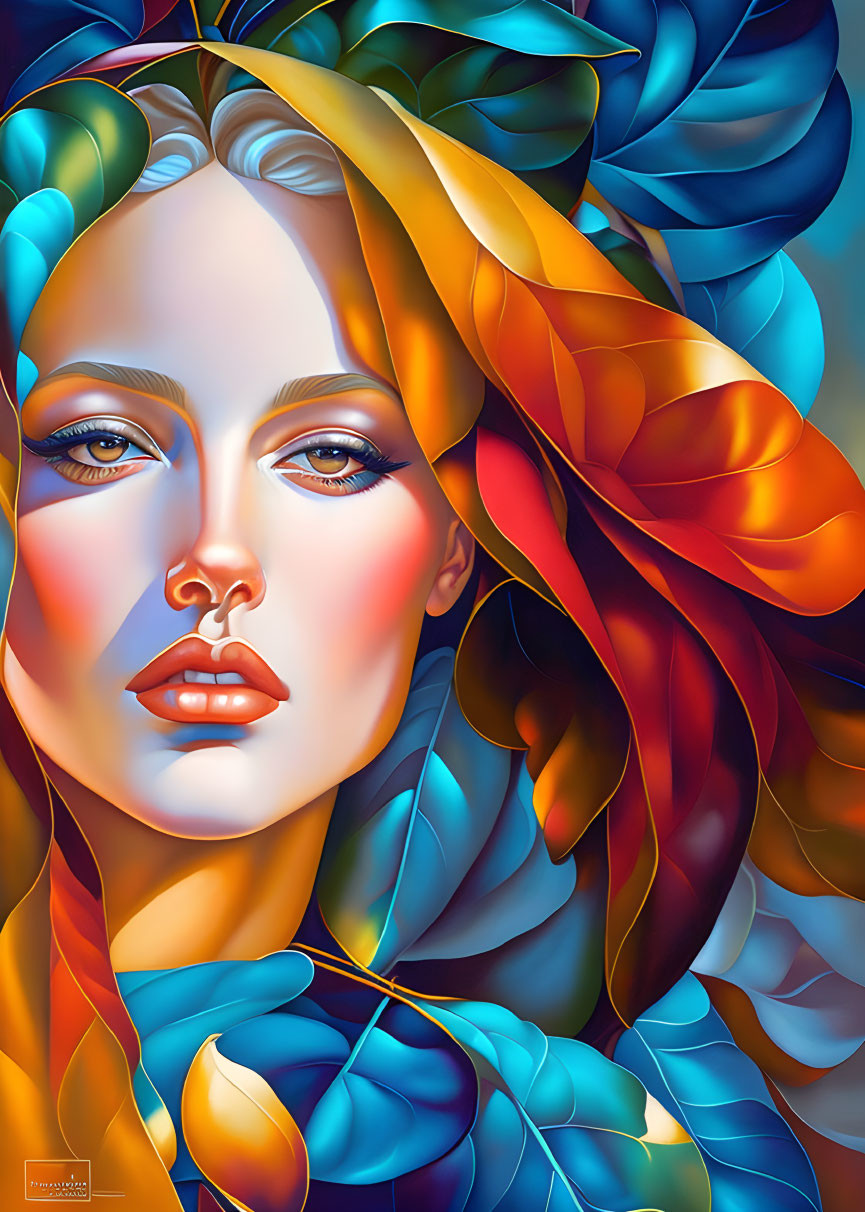 Colorful digital portrait of a woman with flowing blue, teal, and orange hair on warm backdrop