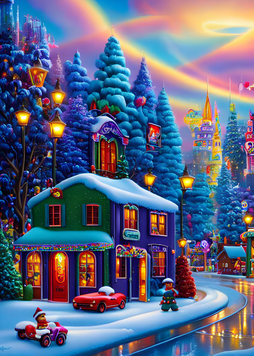 Festive winter village with Santa, toy car, and castle at twilight