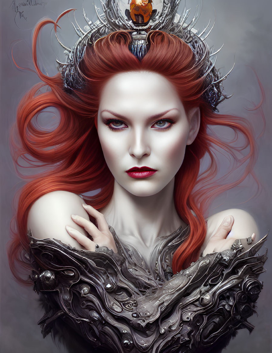 Digital Artwork: Red-Haired Woman with Crown and Ornate Armor