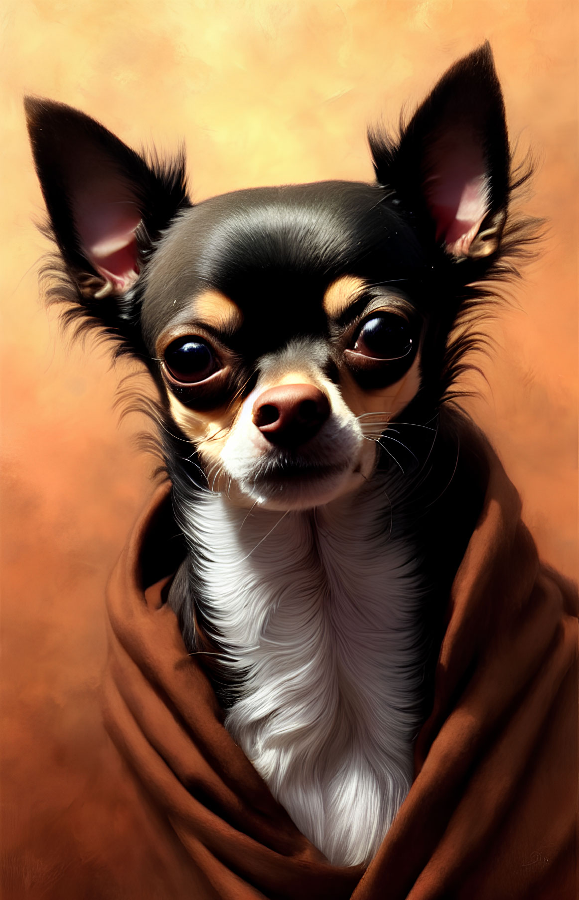 Chihuahua with large ears and big eyes in brown blanket on orange background