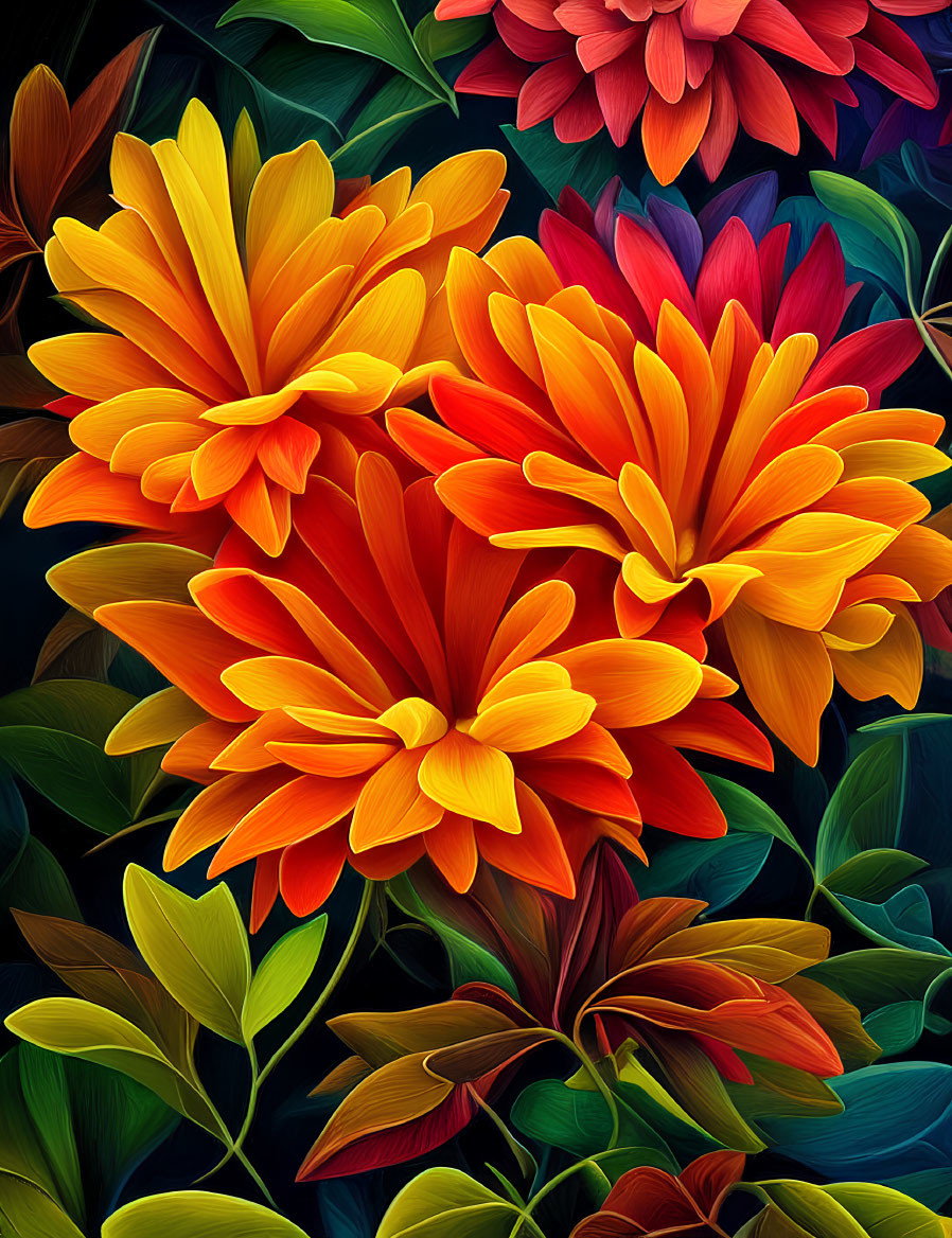 Colorful Stylized Orange and Yellow Flowers on Dark Background