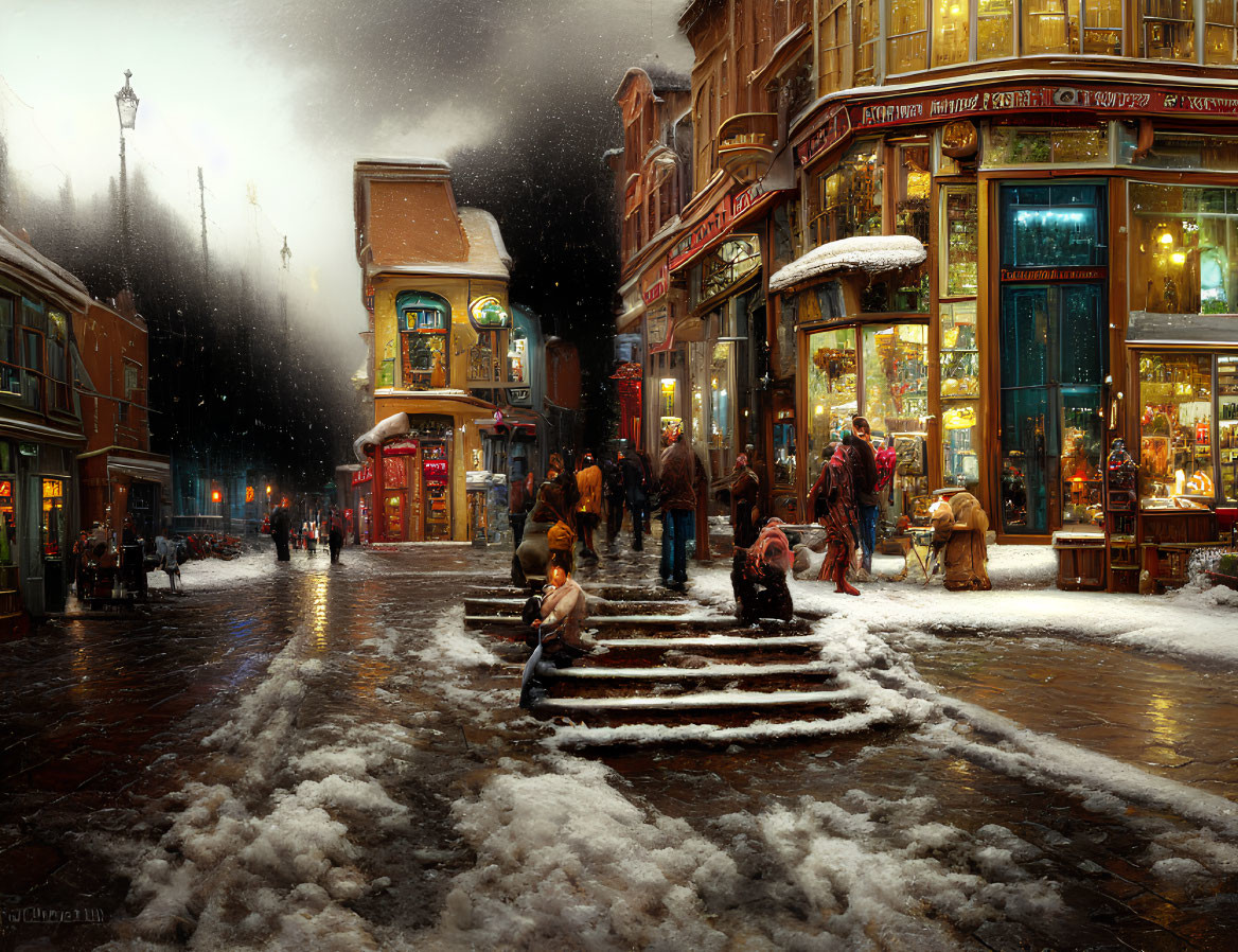 Snowy Dusk Street Scene with Pedestrians and Festive Ambiance