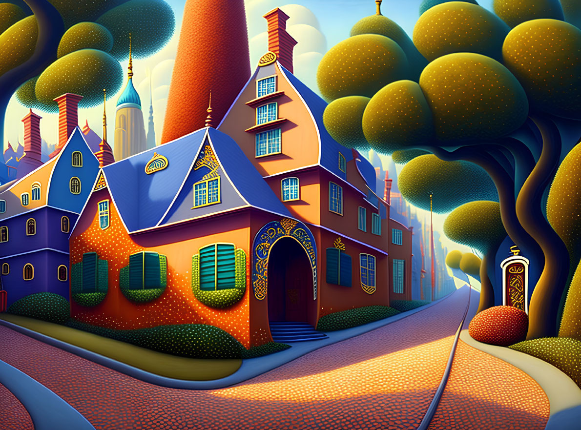 Vibrant illustration of whimsical village street with colorful architecture