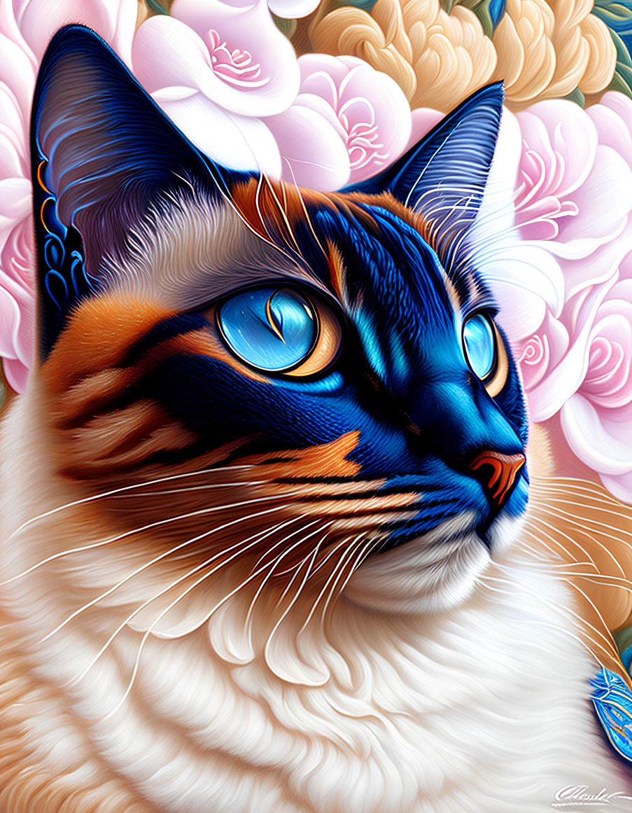 Colorful Digital Artwork: Cat with Blue Eyes and Floral Background