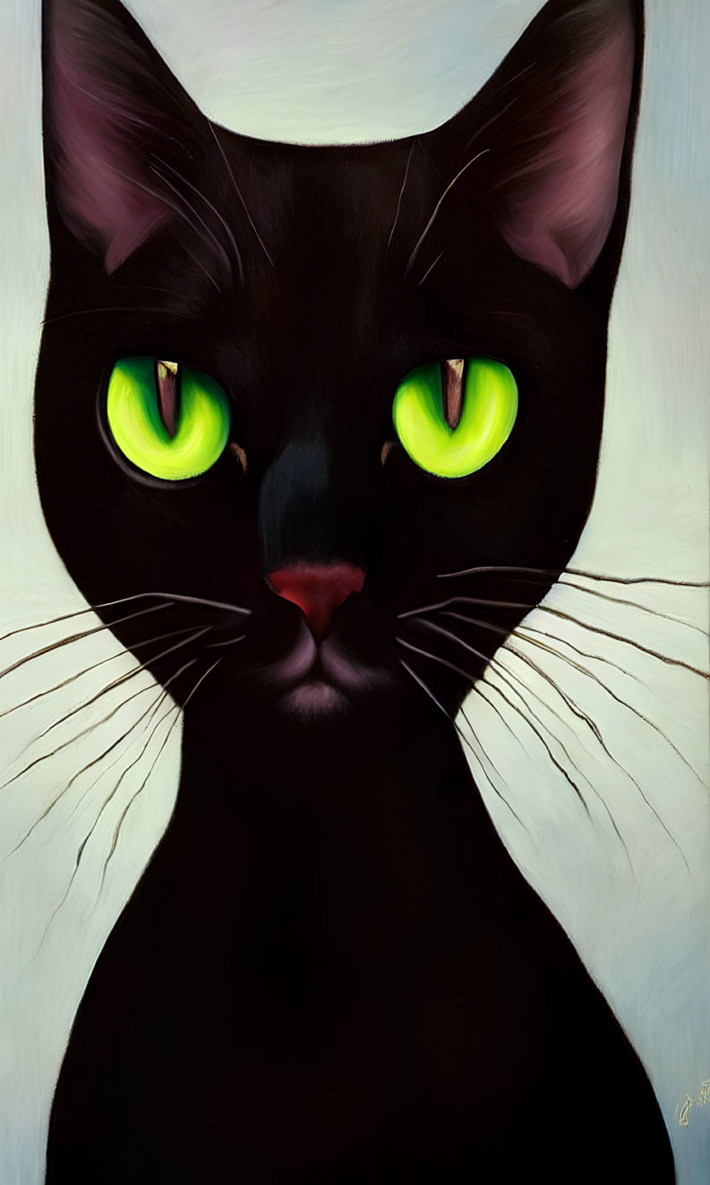 Digital painting: Black cat with green eyes and white whiskers on light background
